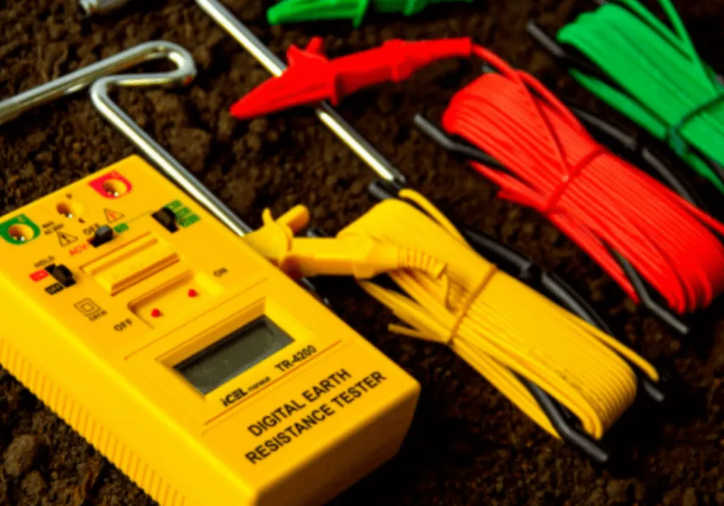 Terrômetro digital com cabos de teste para medição de resistência de aterramento